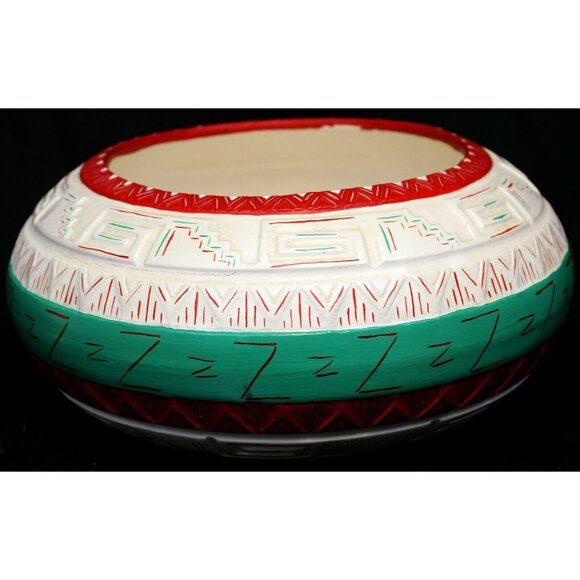 Hand Painted Ceramic Bowl Vase Indian Geometric White Green Red Striped Native - Picture 4 of 9